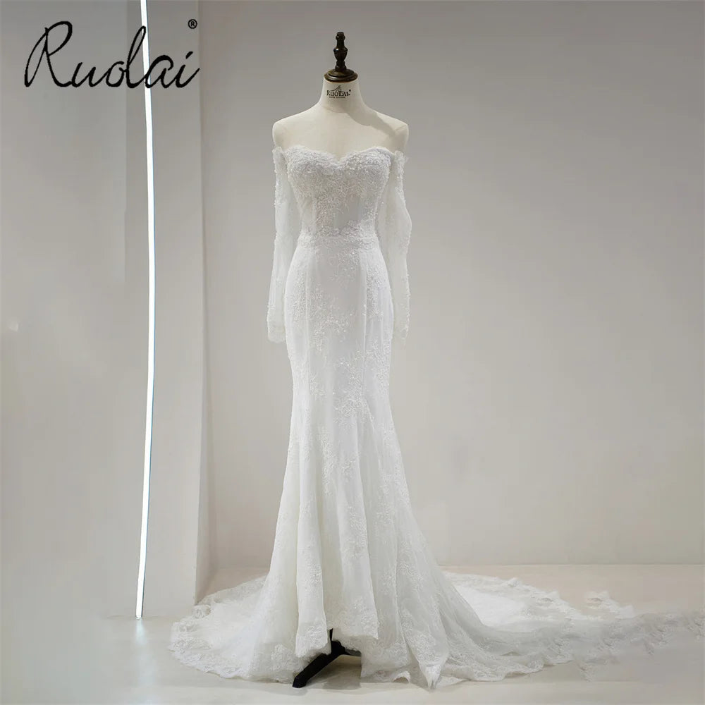 Ruolai QW01827 Mermaid Long Sleeves Lace up Back Off Shoulder Bridal Lace Wedding Gown Dress