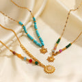Vintage Ladies Bohemia Charm Bead Natural Stone Necklace Stainless Steel 18K Gold Plated Sun Pendant Chain Necklace Jewelry