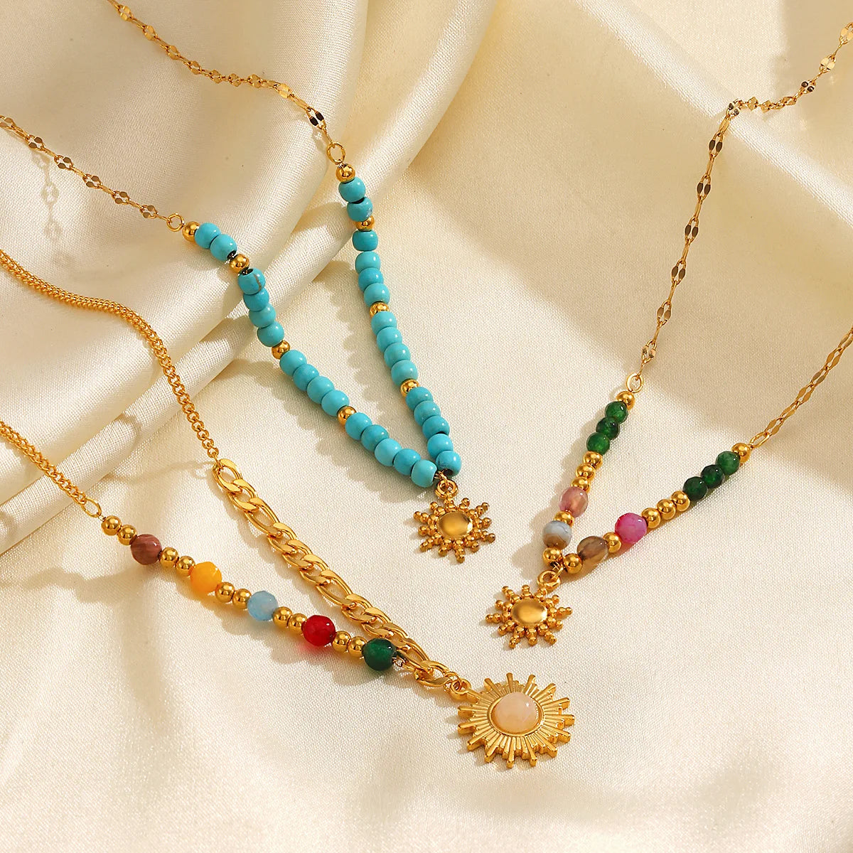 Vintage Ladies Bohemia Charm Bead Natural Stone Necklace Stainless Steel 18K Gold Plated Sun Pendant Chain Necklace Jewelry