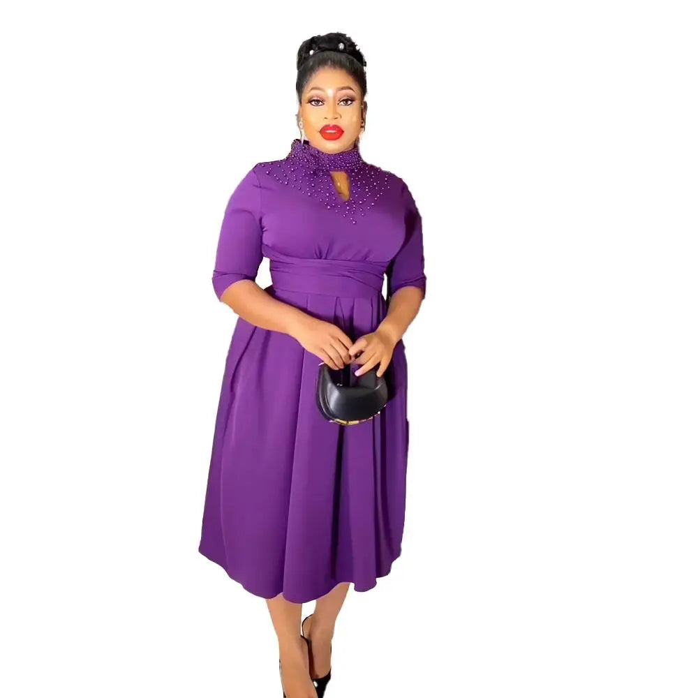 Good Selling Women's Elegance African Dress with Stand Collar & Pearl Decoration Plus Size South Africa Clothing