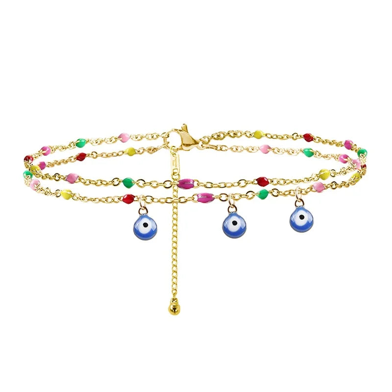 Hot Selling Stainless Steel Enamel Colorful Beads Chain Evils Eyes Anklet Fine Jewelry Anklets for Women Accessories