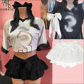 3 Piece Set Women Summer Sports Loose Short Sleeve T Shirt+Bowtie Hairpin and Bud Skirt Matching Suits