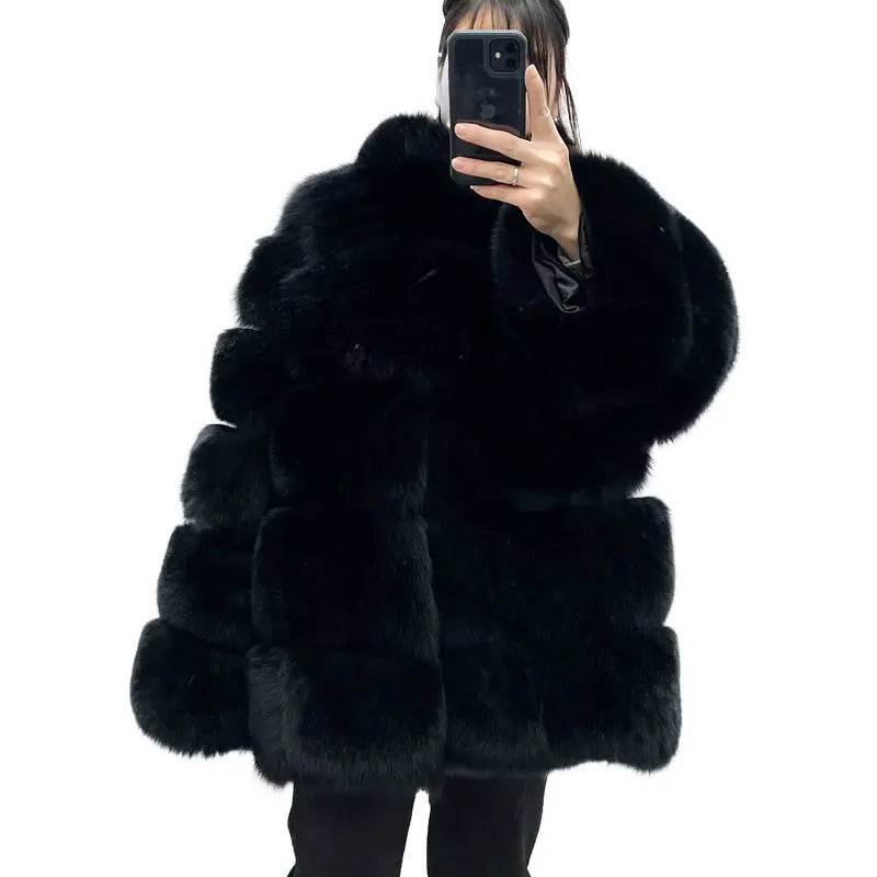 Customizable Casual Long-sleeved Fashion Winter Warm High-quality Real Fox Fur Women's Coat Stand Collar Cotton Polyester Lining