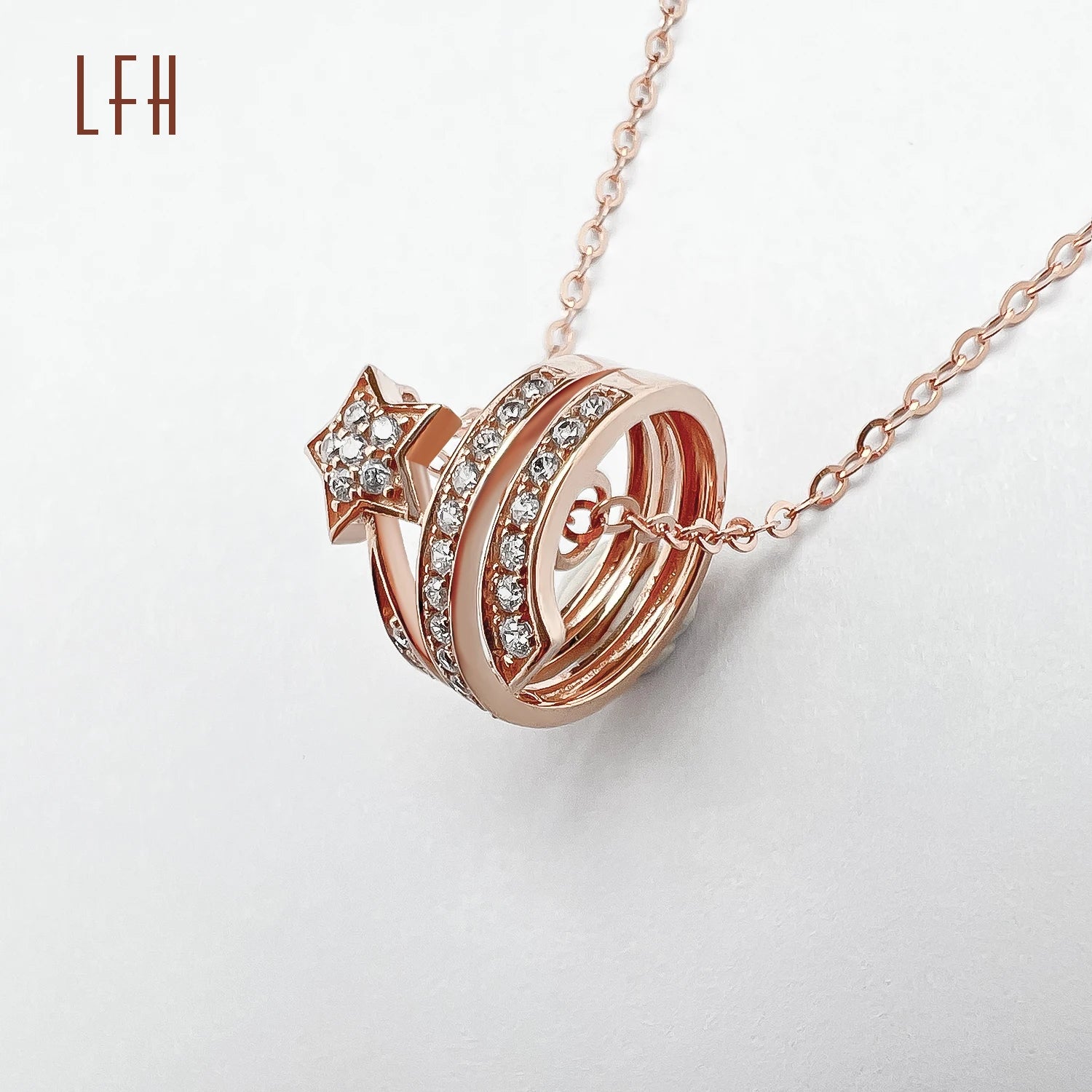 Elegant Dainty Female18k Gold Star Double Ring Circle  Gold Angel Jewelry  Necklace Diamond Pendant Solid Gold Jewelry