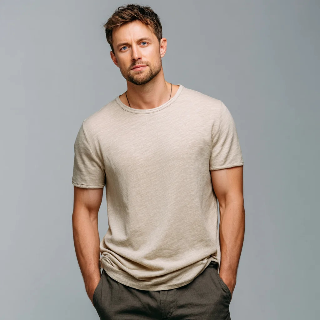 Men's Lightweight Linen-Cotton Knit Tee Minimalist Solid Pattern Summer Essential Sweater Blank Design
