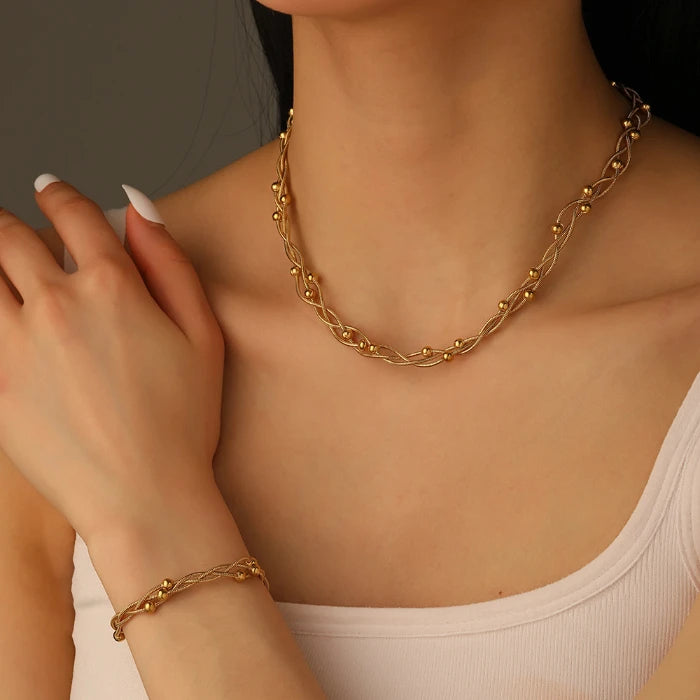 MC737 Wholesale Stainless Steel Chain Bracelet Multi-Layer Necklace Snake Chain Beads Gold-Plated Three-Layer Jewelry Sets