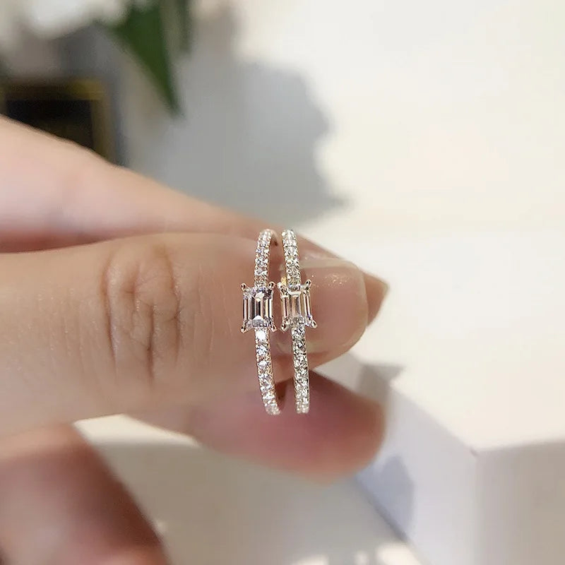 Pure 925 Sterling Silver INS Fashion Simple Square Shaped Zircon Diamond Engagement Rings for Women Jewelry