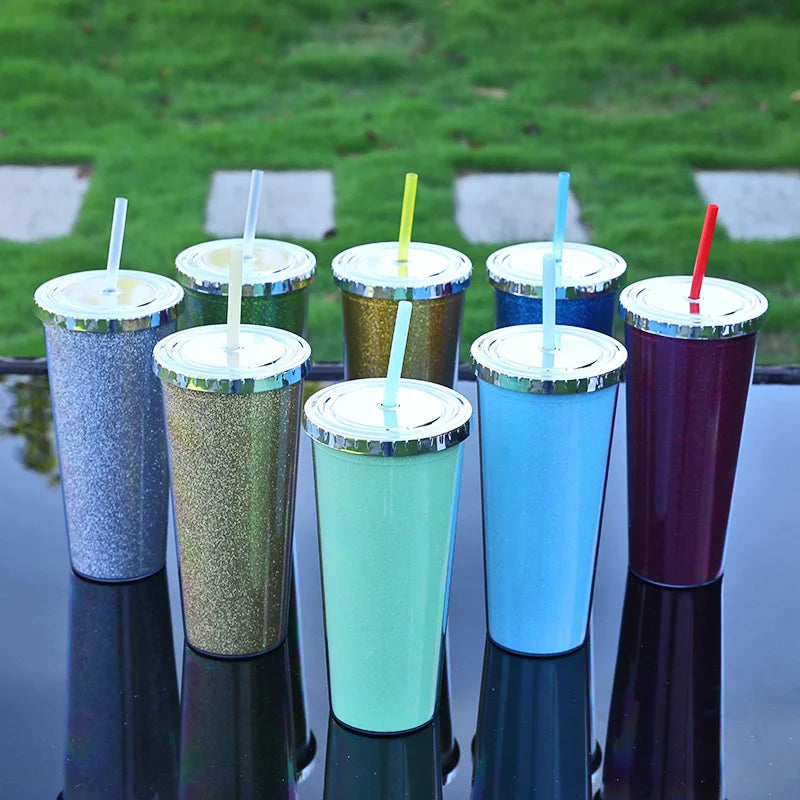 Tumblers Wholesale Bulk 24Oz 710ml Double Wall Skinny Glitter Cups with Lids and Straws Plastic Colorful Coffee Cup with Sequins