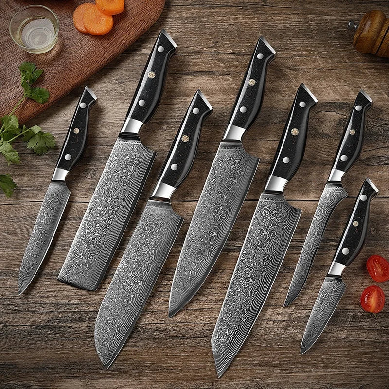 Bulk Wholesale 7-Piece High Carbon Damascus Steel Japanese Kitchen Knife Set with Micarta Handle Sharp Chef Knives MegaBDM