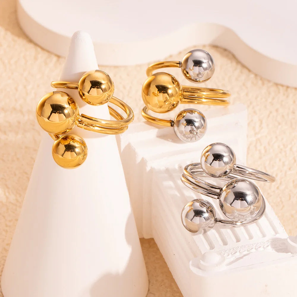 Women's Cute Adjustable 18K Gold Plated Stainless Steel Geometric Ball Ring Waterproof PVD Gold Opening for Engagement