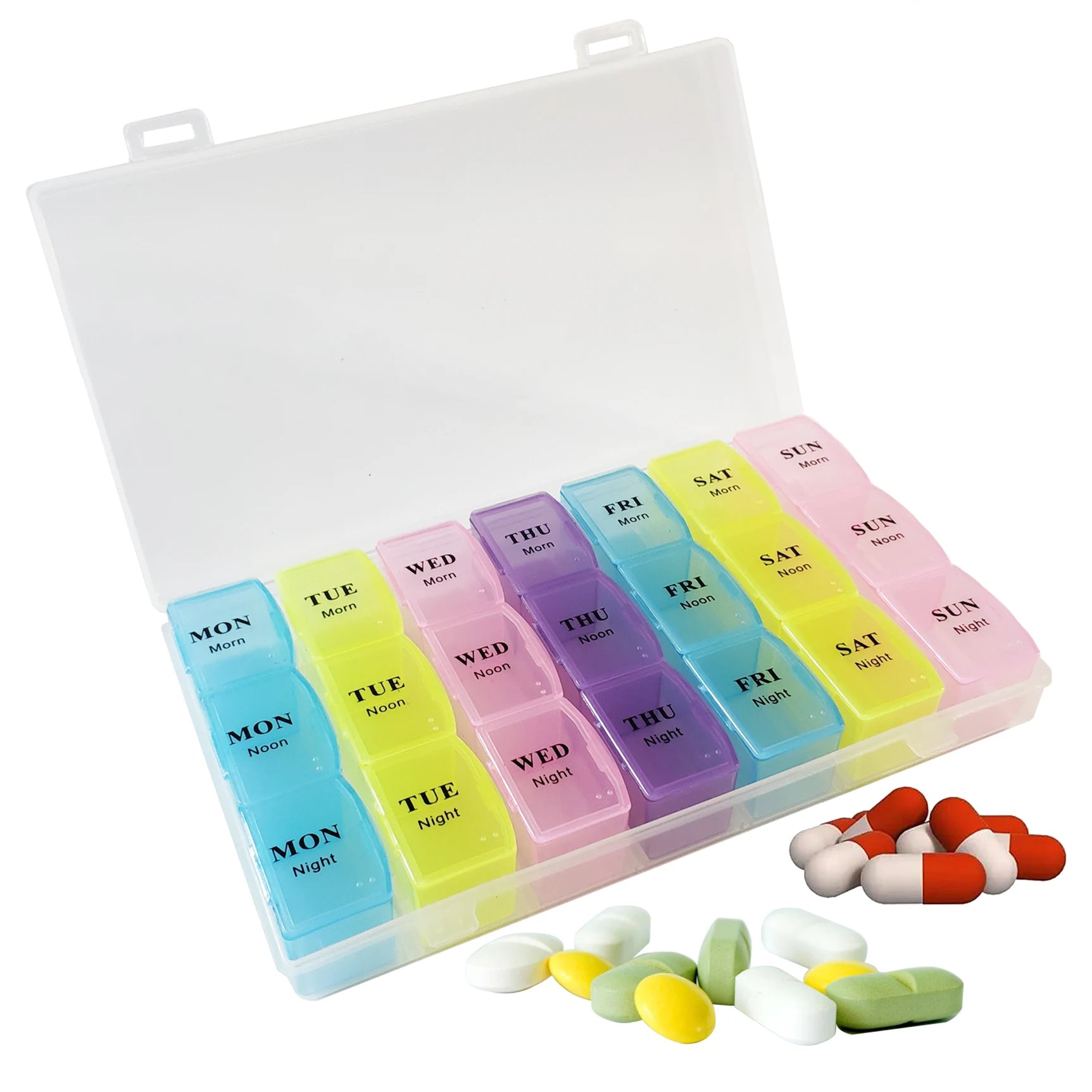 Cheap Price Colorful 21 Compartments 7 Days Pill Box 21 Cases Weekly Plastic Pill Organizer Plastic Storage Box Pill Planner