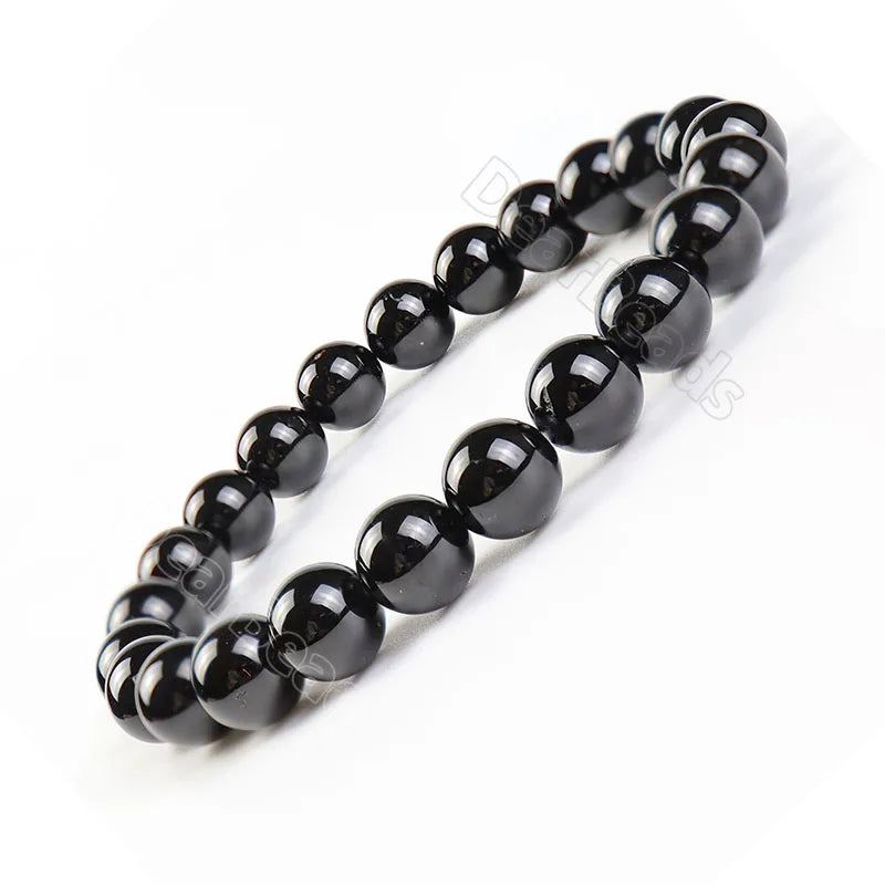8MM Natural Smooth Bead Black Tourmaline Bracelet Elastic Stretch Bracelets for Woman Man Jewelry