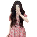 2022 Summer Women's Chiffon Floral Chinoiserie Mini Dress Short Sleeve Casual Party Evening V-Neck High Waist