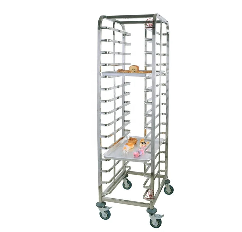 Stainless Steel Bakery Cooling Rack Trolley Cart with 12/15/18 Tiers 60x40cm Pan Tray 30-50kg Capacity