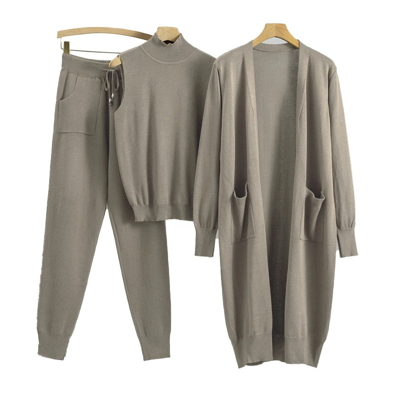 Spring and Autumn Knit Set Casual Loose Knit Cardigan and Sleeveless Vest and Pants Set Knitted Three Piece Set for Women