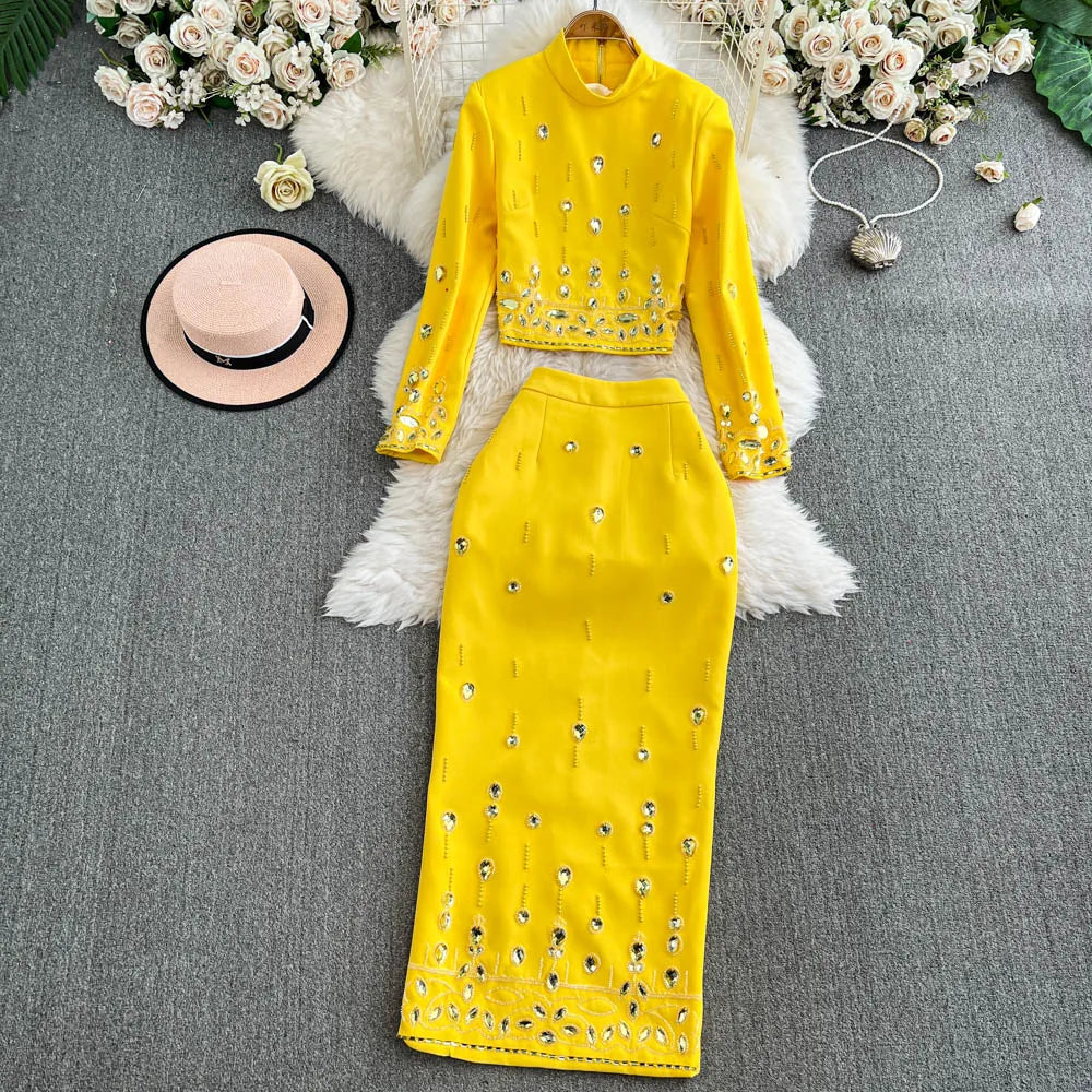 Skirt Two Piece Set for Ladies LW1181 Elegant Beaded Crystal Crop Top + High-Waist Slimming Skirt Set Two-Piece Ladies