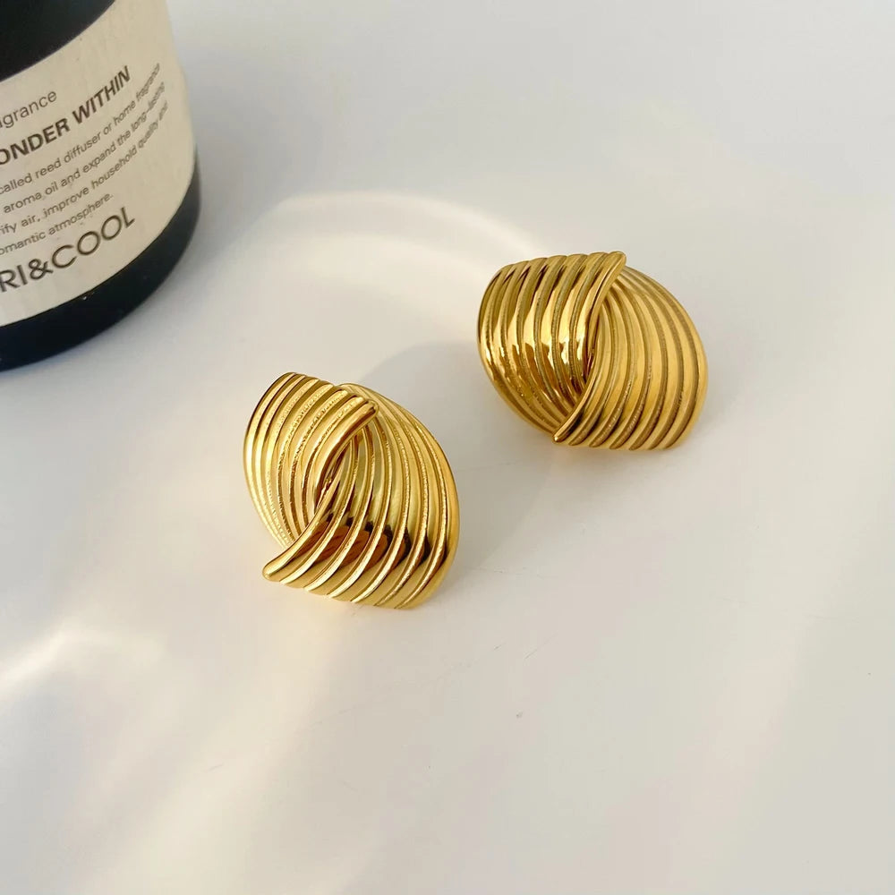 Fashionable and Popular Earrings Fashion Jewelry Titanium Steel Plated 18K Gold Geometric Fan-shaped Striped Cross Earrings