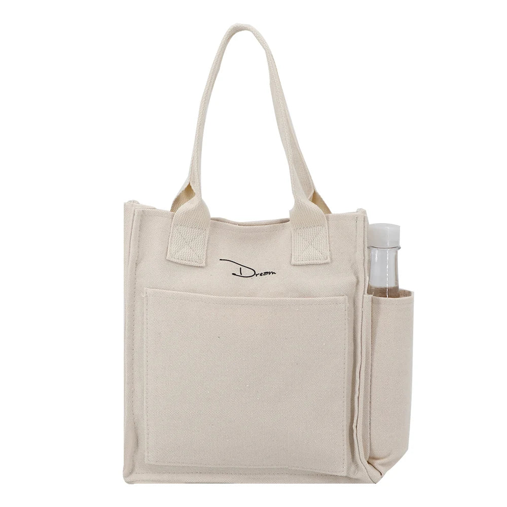 Reusable Eco Friendly Cotton Canvas Tote Bag with Pockets Cute Small Casual Carry Bag with Logo Custom Canvas Bag Supplier OEM