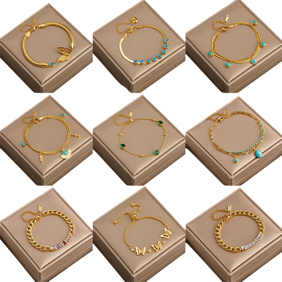 Wholesale Women's Fashion Elegant 18k Gold Plated Butterfly & Evil Eyes Turquoise Stone Pendant Charm Bracelets Jewelry