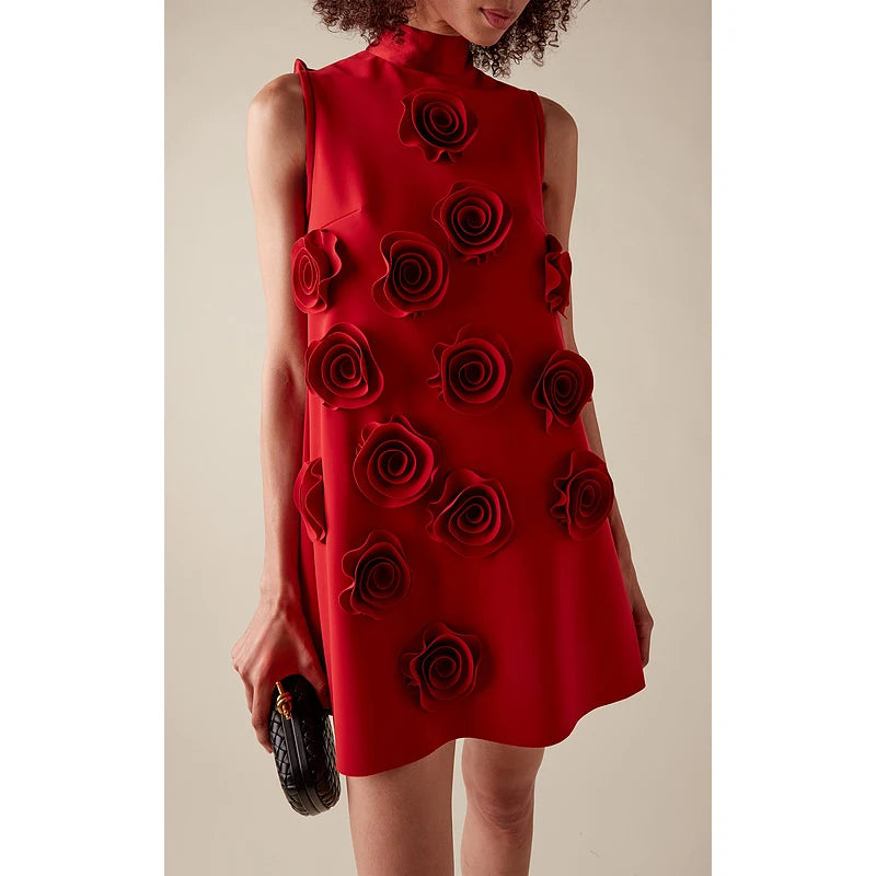 A9412 Ready to Ship Red Sleeveless Women Mini Dress Three-dimensional Flower Loose Ladies Party Dress