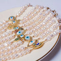 Women's 7-8mm White Freshwater Pearl Bracelet 14K Gold Plated Gemstone Eye Classic Beaded Design for Fashion Party or Gift