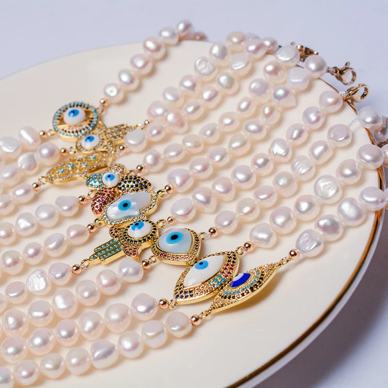Women's 7-8mm White Freshwater Pearl Bracelet 14K Gold Plated Gemstone Eye Classic Beaded Design for Fashion Party or Gift