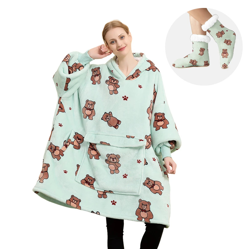 Factory Custom Giant Sherpa Wearable Hooded Blanket Sweatshirt Warm Oversized Hoodie Blanket Socks Winter for Kids and Adult