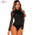 Night Club Suspender Womens Bodysuit Mature Lady High Neck Long Sleeve Black Lace Bodysuit Lingerie