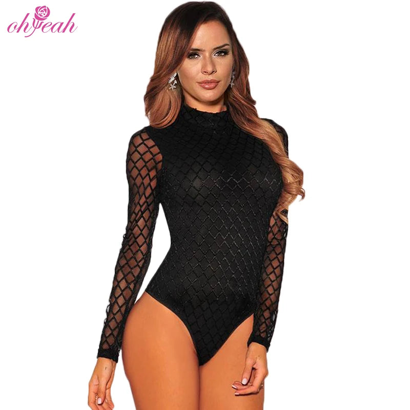 Night Club Suspender Womens Bodysuit Mature Lady High Neck Long Sleeve Black Lace Bodysuit Lingerie