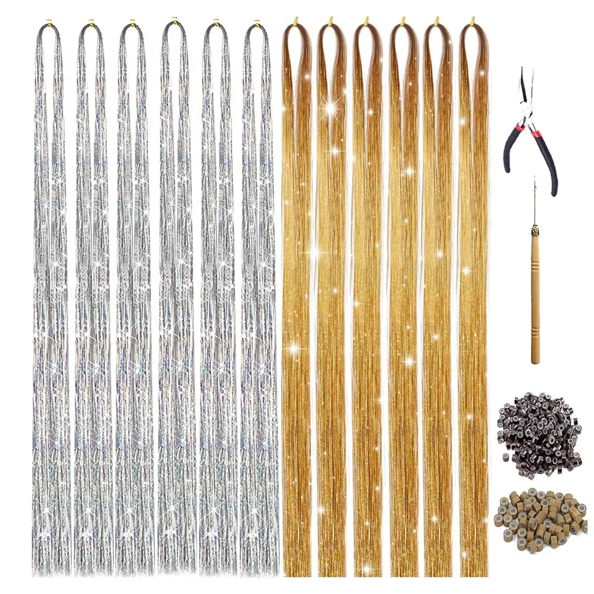 Fujia Gold Silver Hair Tinsel Kit 47 Inches Glitter Heat Resistant Tensile with Hair Beads Wigs Tools Tinsel Hair Extensions
