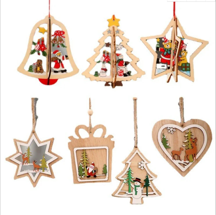 TaiLai 3D Wooden Christmas Pendant for Christmas Tree Decoration Wooden Hanging Crafts for Children Wood Christmas Ornaments