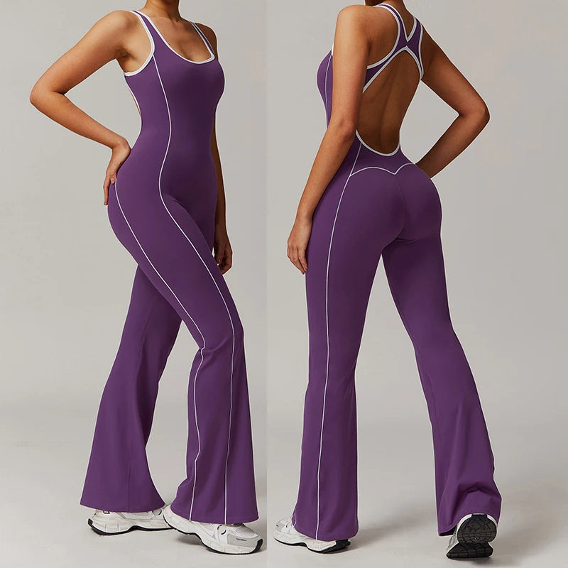 Private Label Women's Workout Jumpsuit One Piece Scrunb with Wide Leg & Blocked Flare White Color Plus Size Features Printed