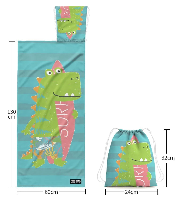2-in-1 Recycled PET Kids Beach Towel Backpack 130''*60'' Sand-Free Zipper with Cartoon Pattern for Toddlers and Children