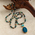 Fashion 6mm Women Knotted Pic Jasper Green Stripe Gemstone Necklace Blue Oval Druzy Pendant Necklace
