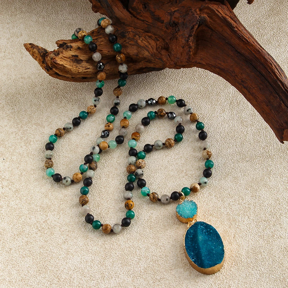 Fashion 6mm Women Knotted Pic Jasper Green Stripe Gemstone Necklace Blue Oval Druzy Pendant Necklace