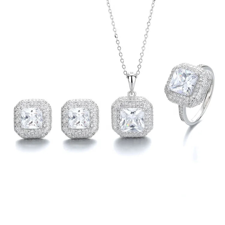 Real Silver 925 Square Gemstone Rings Earrings and Necklace Jewelry Set with Shiny CZ