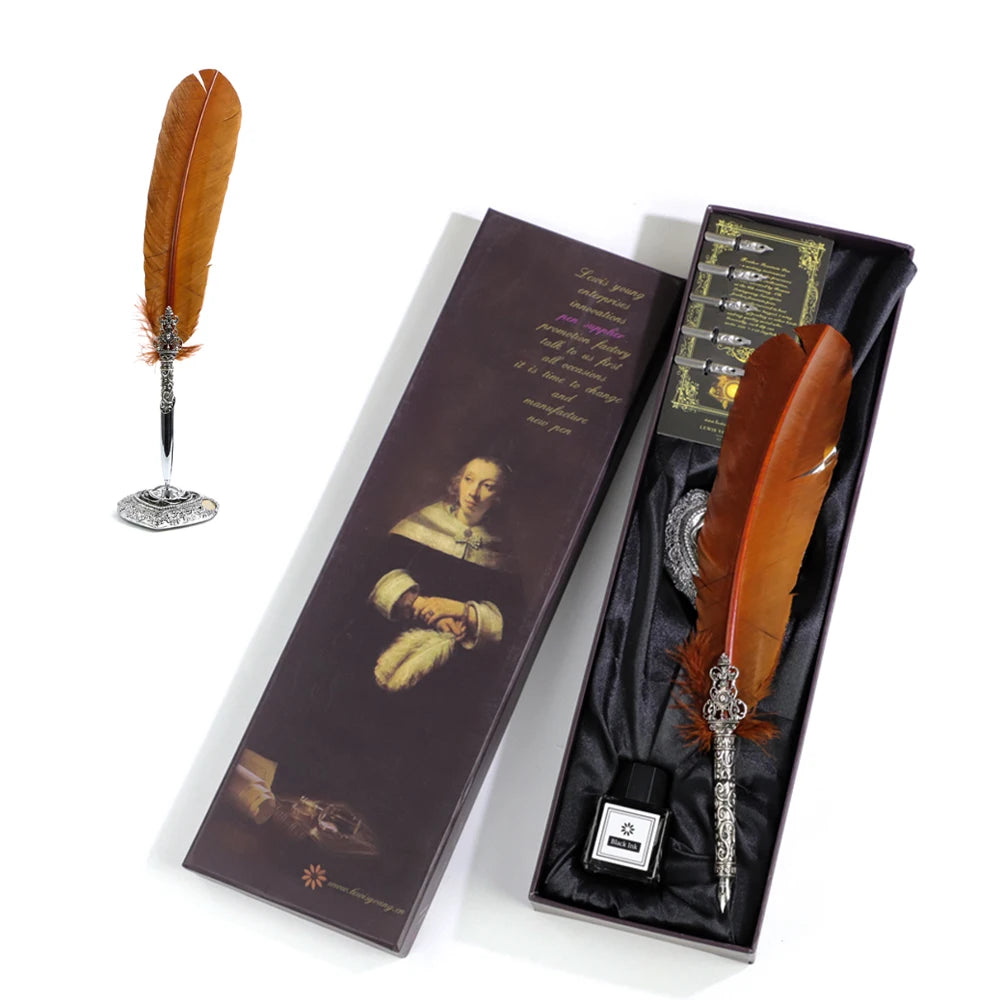 Hot Sale Vip Gift Set Metal Pen Stem Custom Feather Quill Fountain Dip Pen with Pen Gift Box