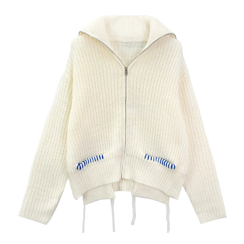 Factory Wholesale Korean Stylish Zip Soft  Sweater Loose Crewneck Knit Cardigan Top Female