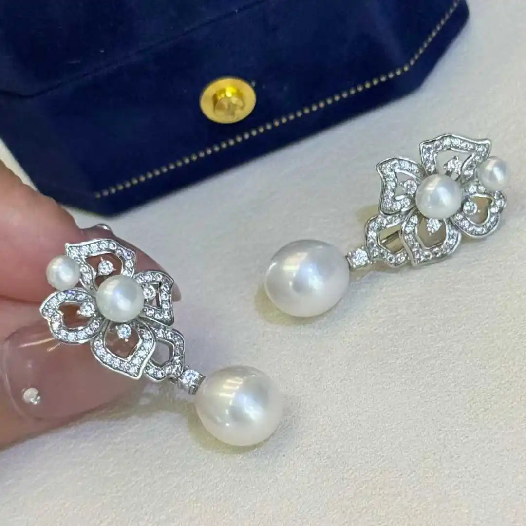 Starry Sky 3-6mm Small Pearl Inlaid Flower Earrings 9-10mm Natural Freshwater Rice Drop Dream Pearl Water Shaped Pearl Earrings