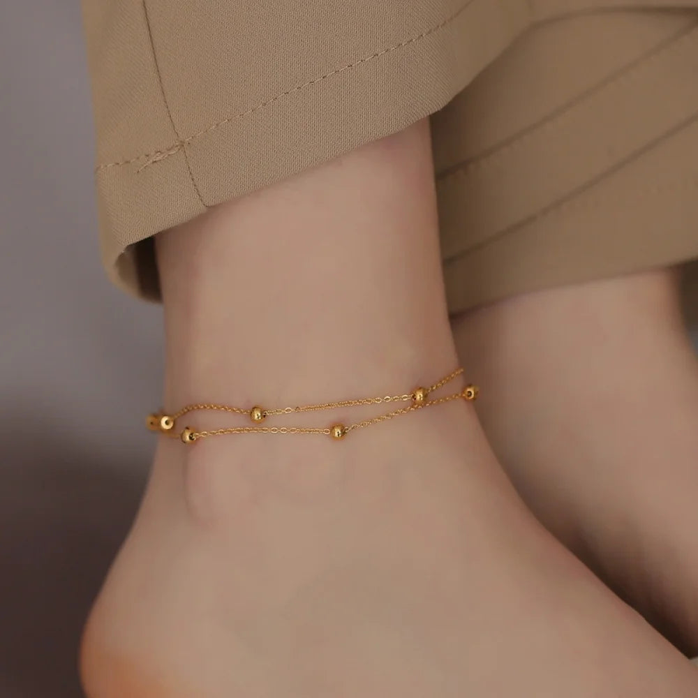Summer Fashion Jewelry Tarnish Free 18K Gold Plated Double Layer Beaded Stainless Steel Anklets for Women