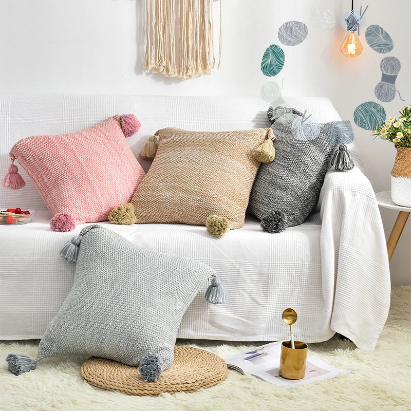 Agln New Product 100%  Cotton Pretty Crochet Knitted Throw Tassel Back Cushion Cover Sets Pillowcase