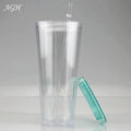24oz Cold Cup Double Walled Reusable Acrylic Clear PS Plastic Tumbler With Lid and Straw