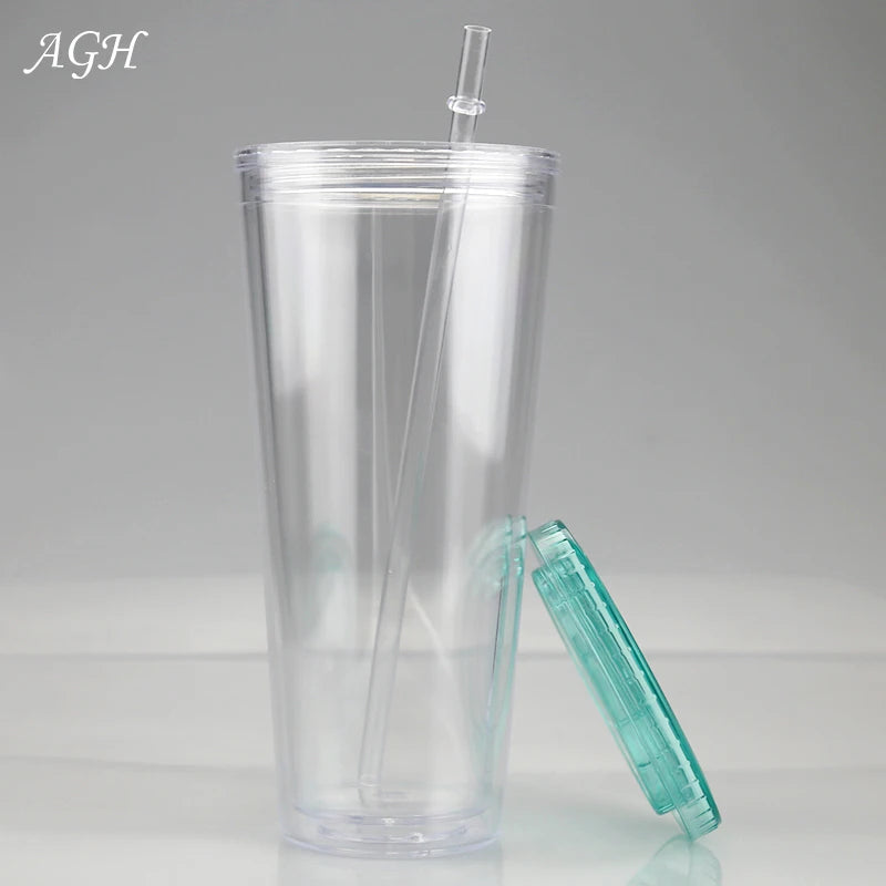 24oz Cold Cup Double Walled Reusable Acrylic Clear PS Plastic Tumbler With Lid and Straw