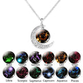 Zodiac Trendy Silver Plated Unisex Necklaces Jewelry Birthday Gifts Astrology 12 Horoscope Sign Luminous Galaxy Crescent Moon