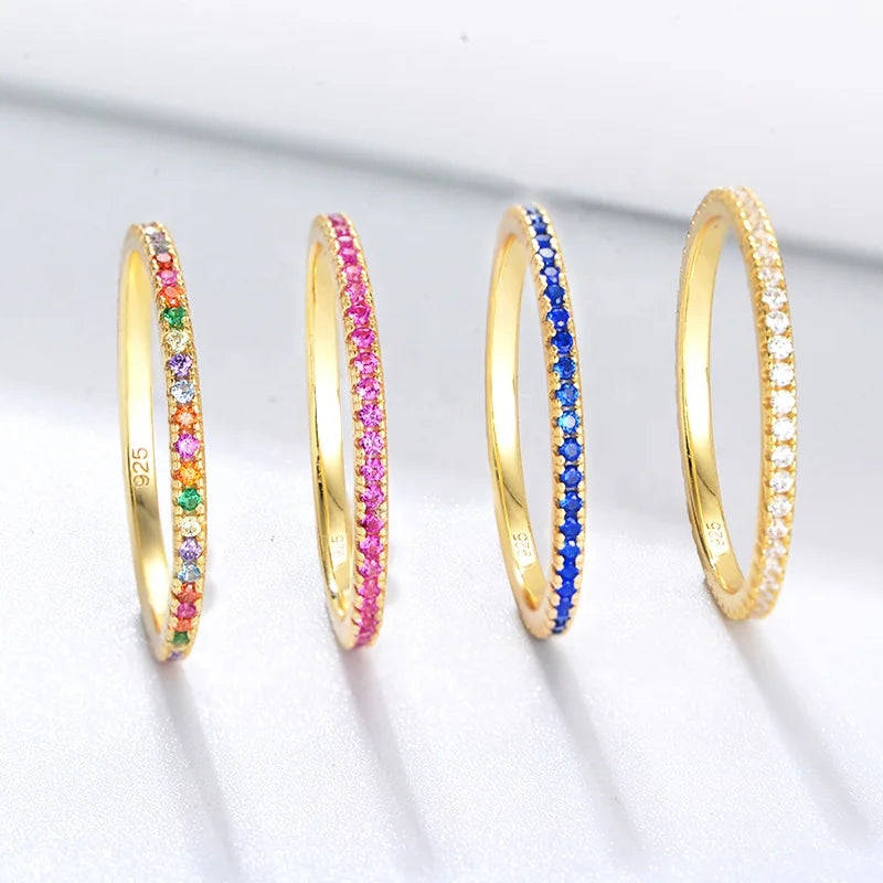 Hot Selling S925 Colorful Zircon Finger Ring Sterling Silver Rainbow Zircon Thin Ring for Wedding