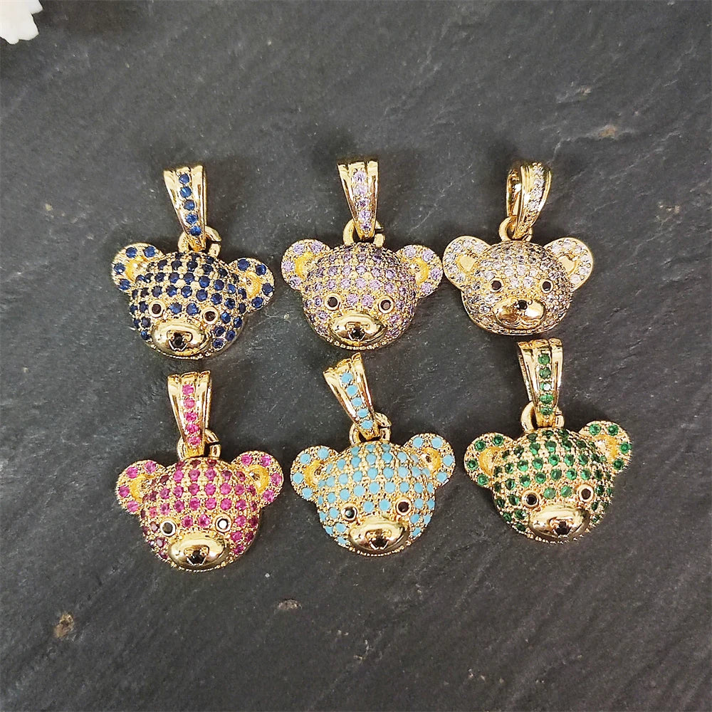 Winter New18K Gold Cute Animal Head Bear Charms Necklace Colorful Zircon Teddy Pendants for Necklace Bracelet Jewelry Making