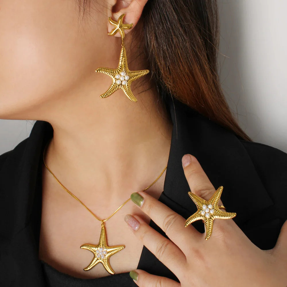 18K Gold Plated Stainless Steel Jewelry  Hyperbole Style Starfish Pattern Inlaid Pearl Jewelry for Engagement Earrings