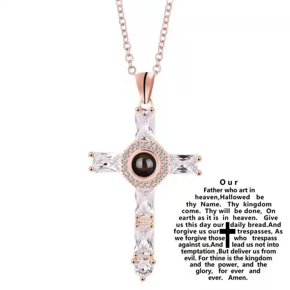 Fashion Iced Out Zircon Jewelry Crystal Cross Christian Scripture Projection Pendant Necklace for Couple Gift