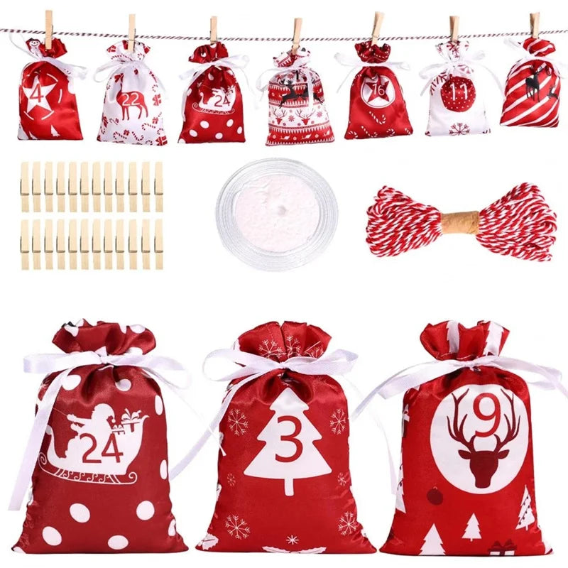 Christmas DIY Advent Calendar Bag with Clips & Stickers Hanging Candy Gift Sack for Countdown for Wreaths & Garlands