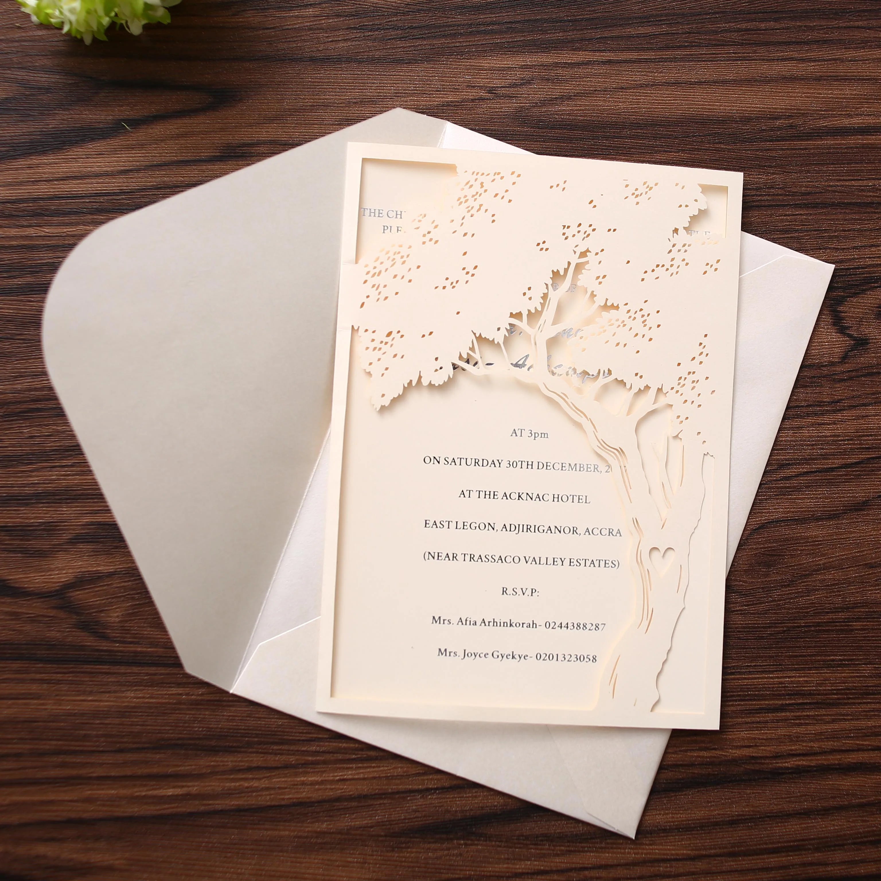 Special Design Tree Laser Cut Wedding Invitations Custom Folded Pocket Thank You Cards for Guest